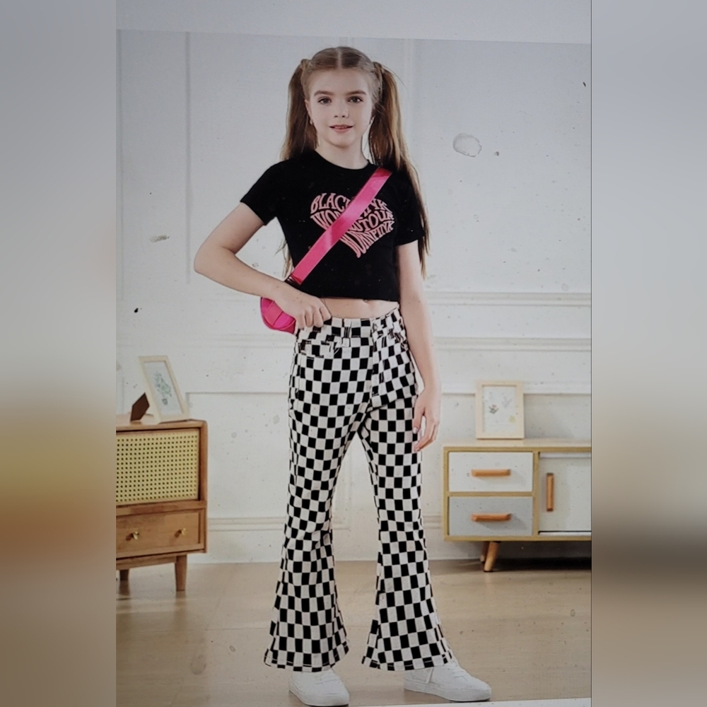 NwT. GIRLS stretch 70s bell bottom flare pants checkered size 10 - Picture 5 of 12